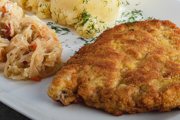 kotlet, schabowy, jedzenie, posiłek, obiad, smażone, płyta, dania, kartofel, lunch, gotowanie, wieprzowina, pieczone, grilla, knajpa