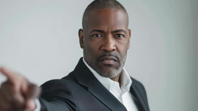 Serious african american businessman pointing his finger accusingly at the camera on white background