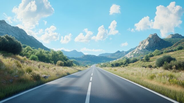 a scenic open road stylized like GEICO, with clean white and blue colors throughout, the landscape is, and the sky is blue, minimal, realistic 