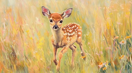 Fawn in Meadow; Sunlight; Wildflower; Painting