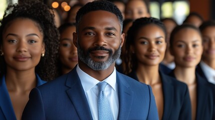 Fototapeta premium group of confident men and women in business outfits stands closely together, highlighting a sense of community and professionalism during a networking event in a well-lit venue
