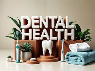 3d text word DENTAL HEALTH prominently with tooth model, an electric toothbrush, a folded towel, and a few potted plants. Concept oral care and hygiene.