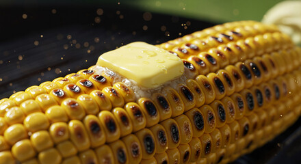 Grilled corn on the cob with melting butter on a black grill  