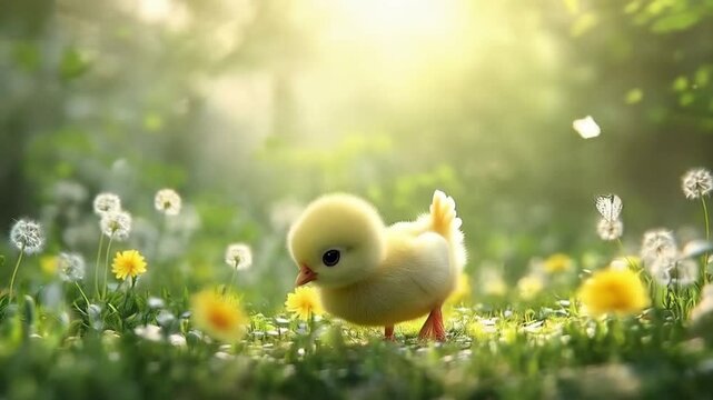 Animated cute chick in a flower-filled meadow 