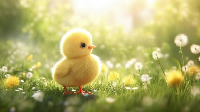 Cute yellow chick walking in a sunny field with flowers and soft light
