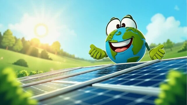 Cartoon Earth character smiling on solar panel with green landscape and sun