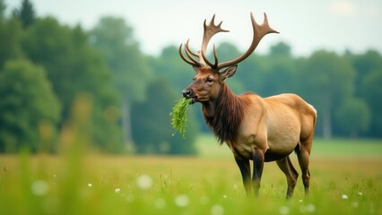 Obraz premium Majestic Elk Grazes in Verdant Meadow, a Symbol of Untamed Wilderness and Natural Beauty