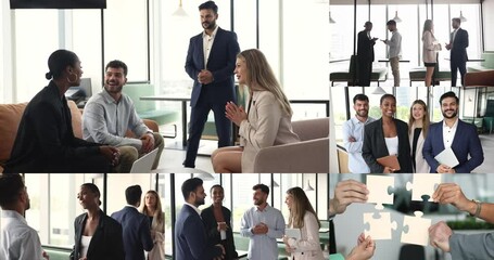 Collage, group of diverse professionals engaging in collaborative activities, exuding teamwork and strong sense of unity. Collaboration, problem-solving, achieving common goals. Partnership, synergy