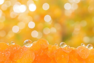 Orange flower petals with reflective water droplets against soft bokeh