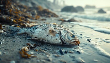 Dead fish lying on polluted beach shore environmental disaster imagery low angle closeup muted colors morning light