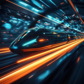 A next-generation hyperloop transportation system, AI-controlled pods gliding at extreme speeds, glowing energy rails illuminating the track, ultra-HD