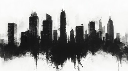 Obraz premium Dark city skyline illustration features tall buildings in urban setting on a white background