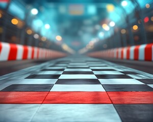 Perspective view of a checkered race finish line and racetrack