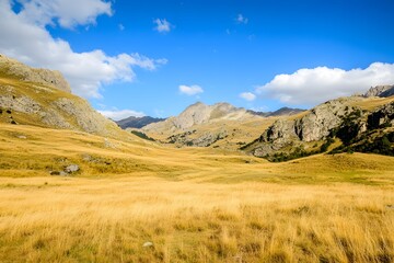Naklejka premium Golden grassland valley between steep, rocky mountains under a blue sky
