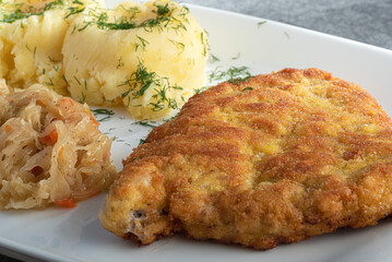 kotlet, schabowy, jedzenie, posiłek, obiad, smażone, płyta, dania, kartofel, lunch, gotowanie, wieprzowina, pieczone, grilla, knajpa