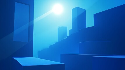 A blue and white gradient background, a large window on the left side of the screen, a small square in front of it, a slightly lower angle of view, geometric shapes, a sense of space, and a beam of li