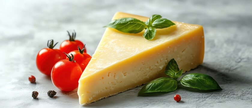 Wedge of aged cheese with fresh basil and cherry tomatoes, soft natural light, clean white backdrop, gourmet presentation
