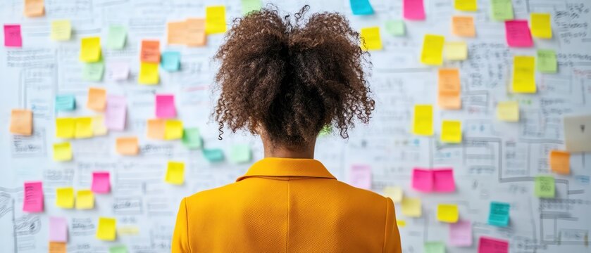 Woman in yellow jacket analyzing colorful sticky notes on a whiteboard, brainstorming session, creative workspace