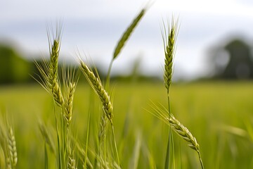 Obraz premium Grain stalks stand tall in a green field under a bright sky