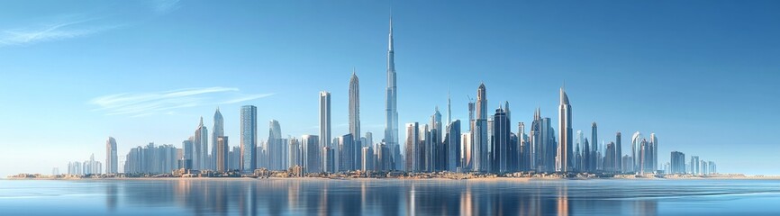 Obraz premium A panoramic view of the city skyline with towering skyscrapers, captured in a realistic style