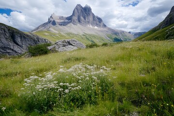 Grassy field before rugged mountain peaks beneath a cloudy sky