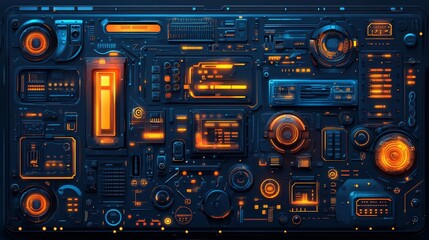 Fototapeta premium Complex dark technology interface with orange glow panel and futuristic design. 