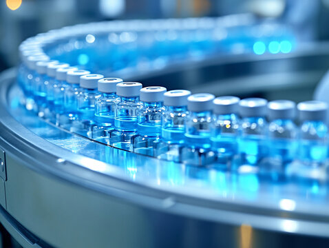 automated conveyor with blue medical vials in glass bottles pharmaceutical production line in sterile factory environment industrial automation for vaccine or medicine packaging and filling process
