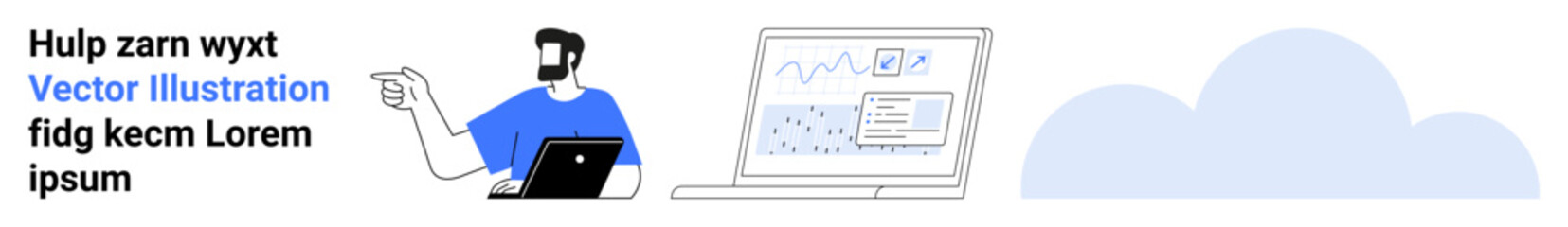 Man with a laptop pointing at analytics shown on a screen. Ideal for business, technology, data, analysis, digital tools, cloud computing, flat landing page banner