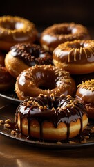 Chocolate-glazed donut rainbow sprinkles placed.