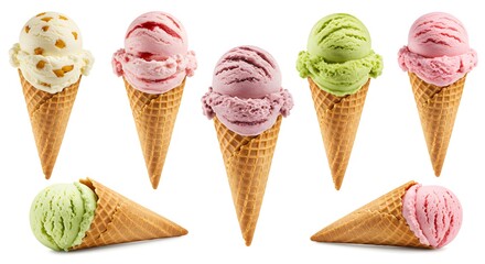 A delightful assortment of ice cream cones showcasing creamy strawberry, pistachio, and mango flavors in crisp waffle cones against a bright white background.
