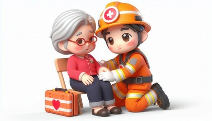 Emergency rescue action for elderly woman urban setting digital illustration compassionate care