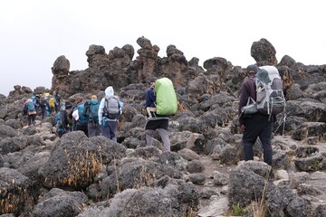 Kilimanjaro, Tanzania: 20 February 2025: Group of people in volcanic scenery trail on Kilimanjaro,...