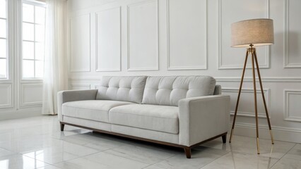 A modern, stylish living room featuring a light gray sofa and a standing lamp against an elegant wall, creating a chic and inviting atmosphere.