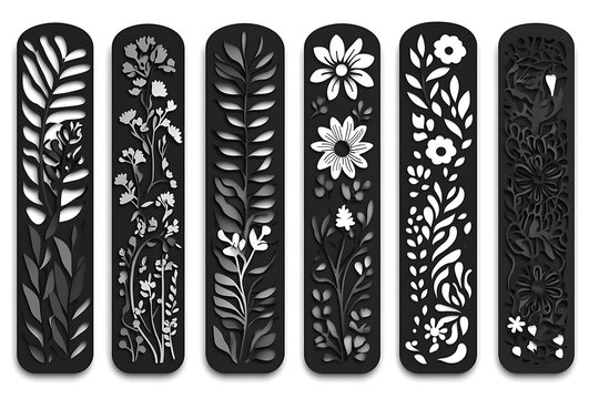 Six decorative bookmarks feature different floral designs in varying shades of gray