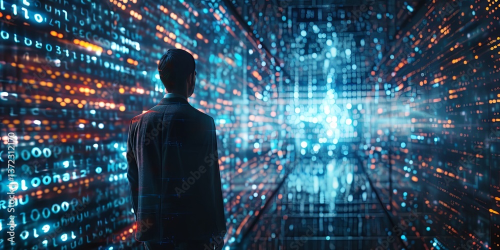 Poster a businessman accessing corporate data with cyberspace security