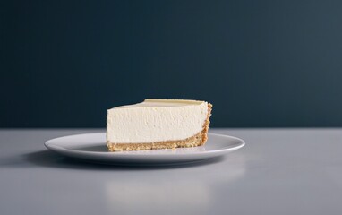 Creamy Cheesecake Slice on White Plate Against Dark Teal Background