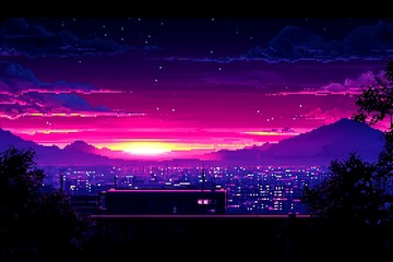 A pixelated cityscape bathed in vibrant sunset colors
