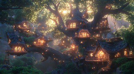 Fototapeta premium Enchanted Treetop Village at Twilight Pixel Art Fantasy Setting