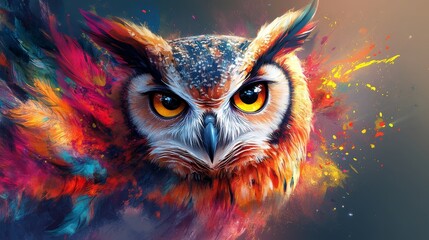 Obraz premium Close-up view of a colorful illustration of an owl with bright yellow eyes looking ahead
