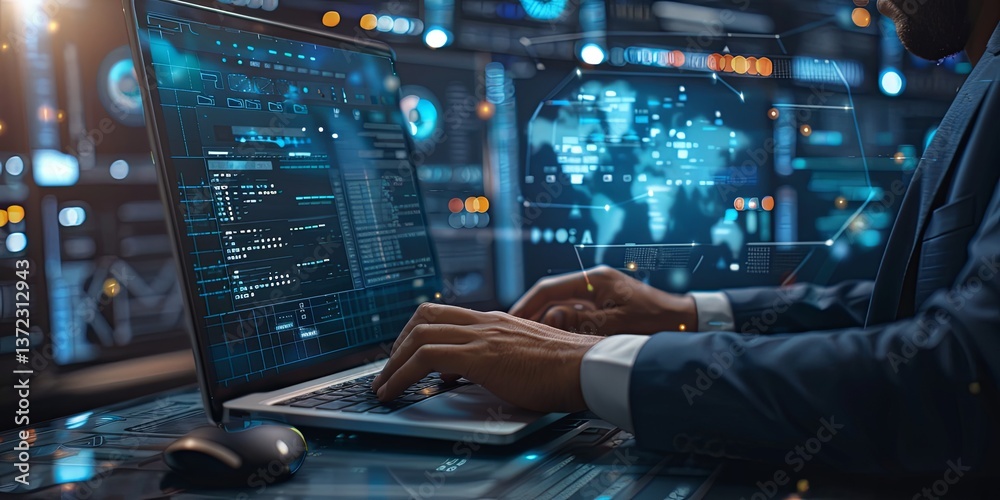 Poster a businessman accessing corporate data with cyberspace security