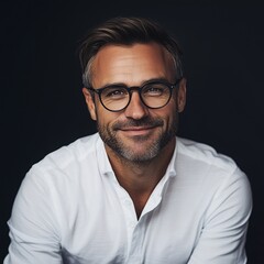 Obraz premium Portrait of a confident young businessman with glasses and a stylish look on black background