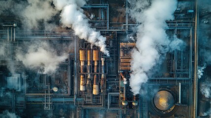 Aerial view captures smoke billowing from an industrial plant complex. Illustrates pollution, energy production, and environmental concerns.