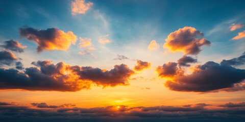 Obraz premium Colorful dramatic sunset sky with glowing clouds and sun peeking through horizon for nature, weather, inspiration or peaceful landscape themes