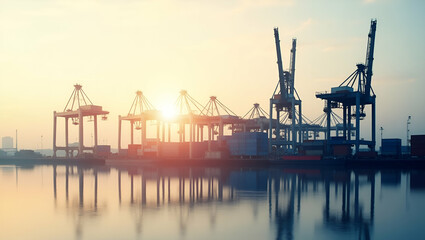 Fototapeta premium Photo realistic double exposure of a shipping yard silhouette and a cost efficiency chart, symbolizing financial management with ample copy space for text.