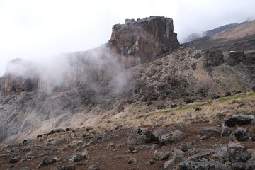 Misty scenery of Lava Tower on Kilimanjaro, Tanzania. Machame Route, trail from Shira Camp to Barranco Camp. © Iwona