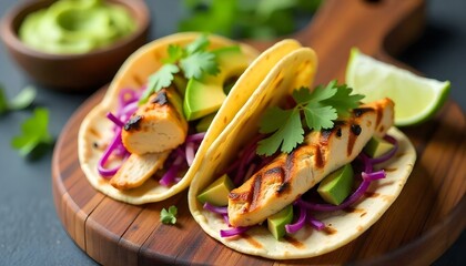 Close-up shot of two tacos filled with grilled chicken, red cabbage, avocado, and cilantro, served on a wooden board next to a bowl of guacamole and a lime wedge