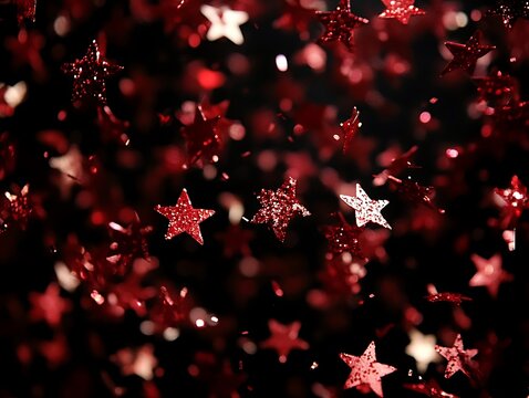 Sparkling red star confetti floating against a dark background - Powered by Adobe