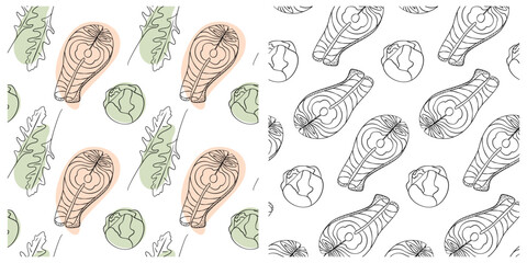 Salmon steak Brussels sprout heads Arugula leaves Seamless Patterns Healthy Eating Background Set 2