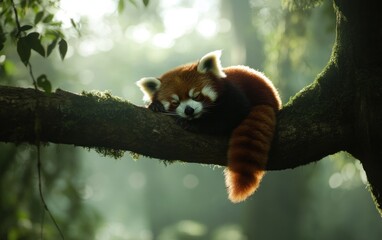 Red Panda Napping on Mossy Branch in Sun Dappled Forest