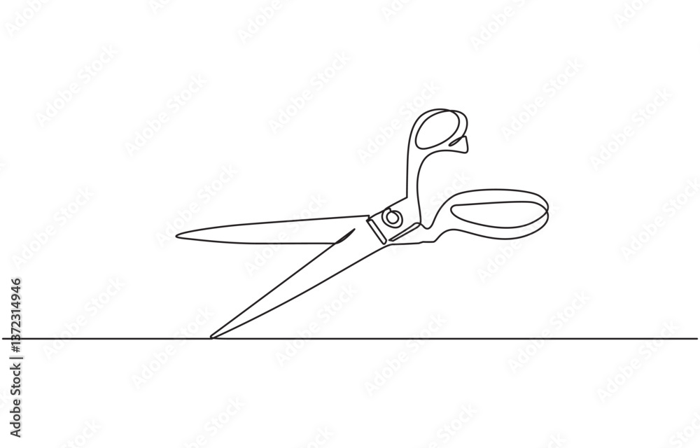Poster one continuous line drawing of regular scissors and barber scissors, scissor tool one line continuou